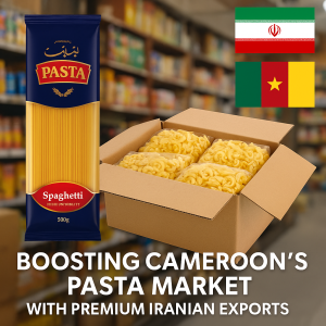 Iranian pasta products and export logistics symbolizing trade with African markets, including Kenya, Ghana, and Cameroon